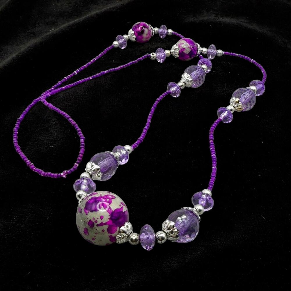 Purple Crystal Beaded Necklace |
 Splatter Focal Bead Silver Caps Boho Statement